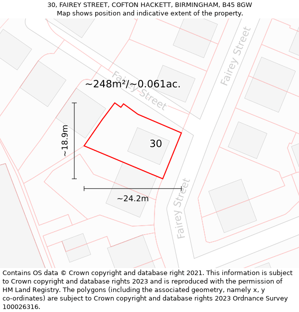 30, FAIREY STREET, COFTON HACKETT, BIRMINGHAM, B45 8GW: Plot and title map