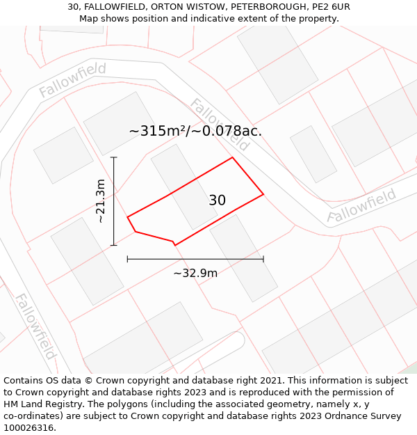 30, FALLOWFIELD, ORTON WISTOW, PETERBOROUGH, PE2 6UR: Plot and title map