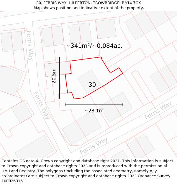 30, FERRIS WAY, HILPERTON, TROWBRIDGE, BA14 7GX: Plot and title map