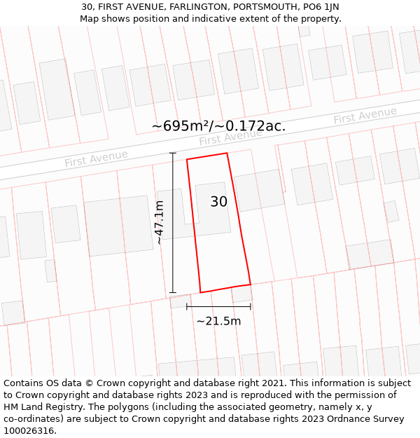 30, FIRST AVENUE, FARLINGTON, PORTSMOUTH, PO6 1JN: Plot and title map