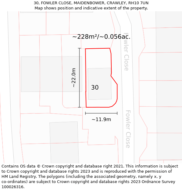 30, FOWLER CLOSE, MAIDENBOWER, CRAWLEY, RH10 7UN: Plot and title map