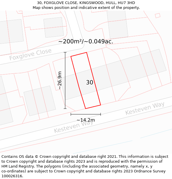 30, FOXGLOVE CLOSE, KINGSWOOD, HULL, HU7 3HD: Plot and title map