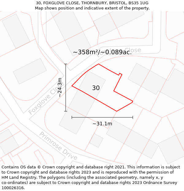 30, FOXGLOVE CLOSE, THORNBURY, BRISTOL, BS35 1UG: Plot and title map