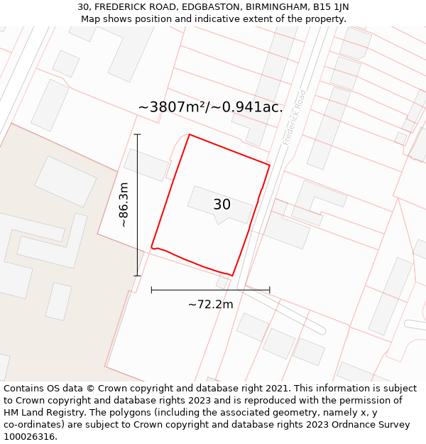 30, FREDERICK ROAD, EDGBASTON, BIRMINGHAM, B15 1JN: Plot and title map