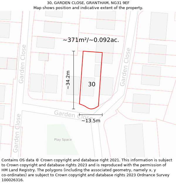 30, GARDEN CLOSE, GRANTHAM, NG31 9EF: Plot and title map