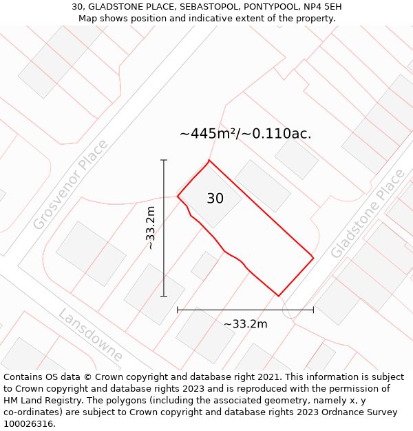 30, GLADSTONE PLACE, SEBASTOPOL, PONTYPOOL, NP4 5EH: Plot and title map