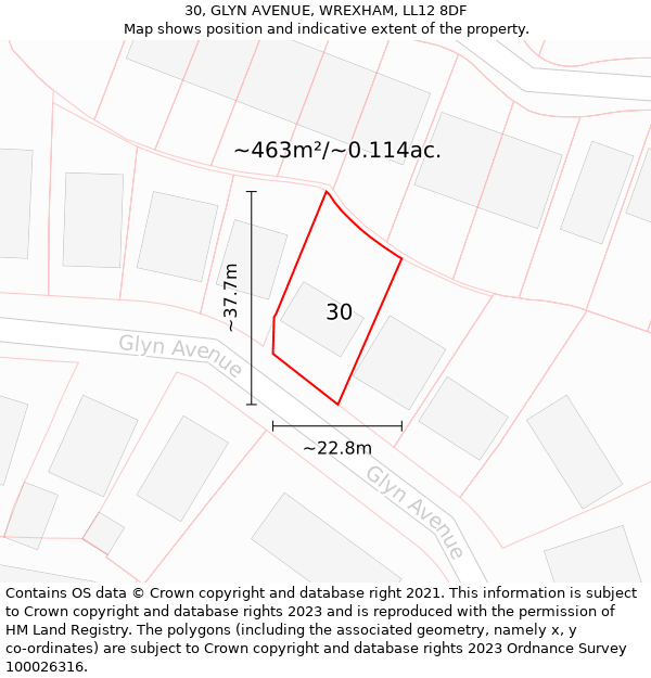 30, GLYN AVENUE, WREXHAM, LL12 8DF: Plot and title map