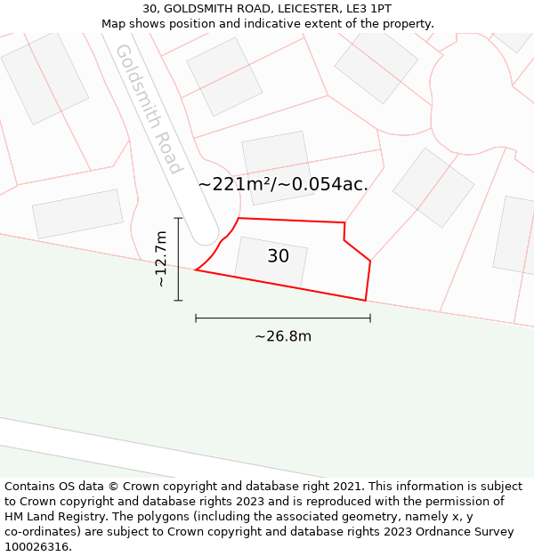 30, GOLDSMITH ROAD, LEICESTER, LE3 1PT: Plot and title map