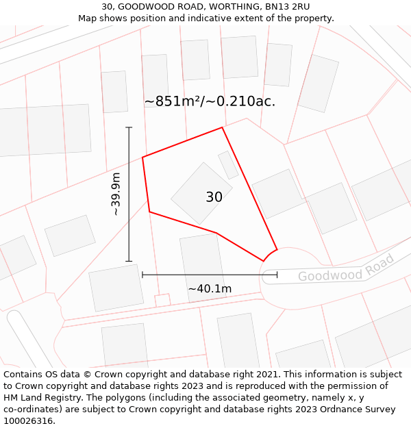 30, GOODWOOD ROAD, WORTHING, BN13 2RU: Plot and title map