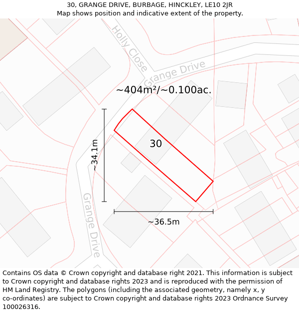 30, GRANGE DRIVE, BURBAGE, HINCKLEY, LE10 2JR: Plot and title map