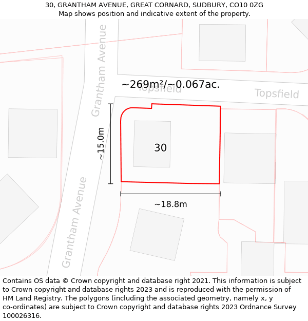 30, GRANTHAM AVENUE, GREAT CORNARD, SUDBURY, CO10 0ZG: Plot and title map