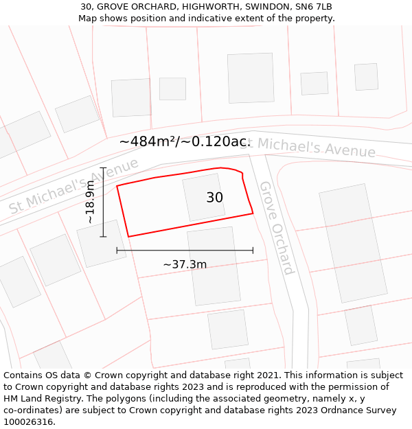 30, GROVE ORCHARD, HIGHWORTH, SWINDON, SN6 7LB: Plot and title map