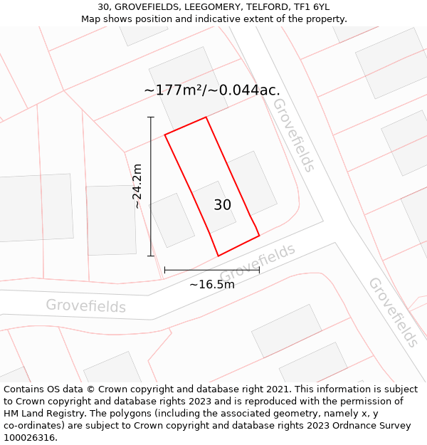 30, GROVEFIELDS, LEEGOMERY, TELFORD, TF1 6YL: Plot and title map