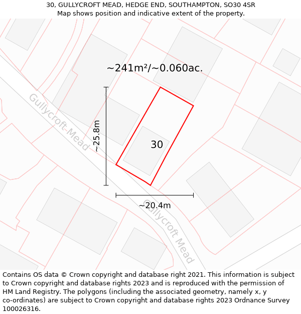 30, GULLYCROFT MEAD, HEDGE END, SOUTHAMPTON, SO30 4SR: Plot and title map