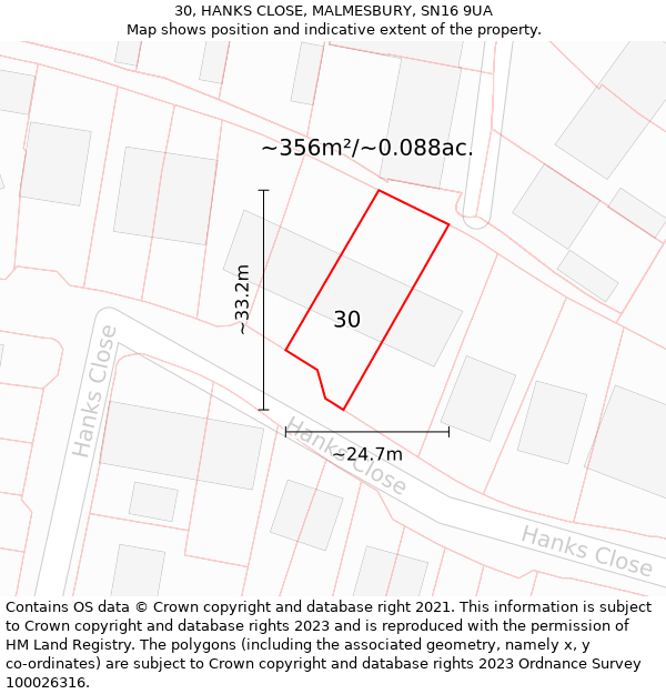 30, HANKS CLOSE, MALMESBURY, SN16 9UA: Plot and title map