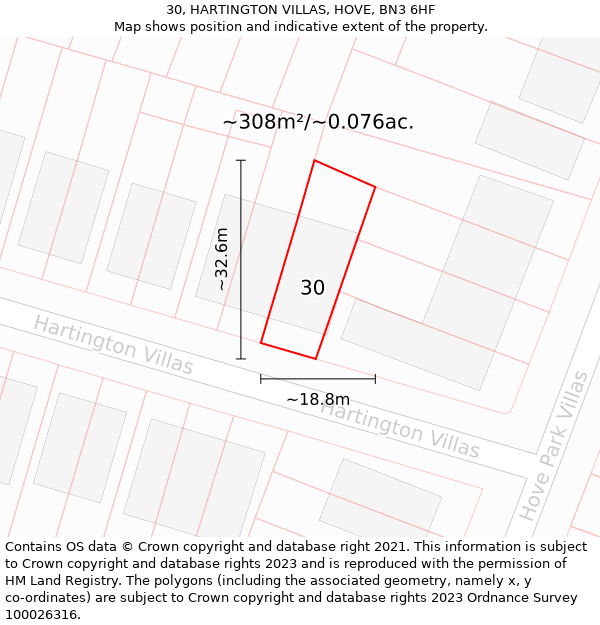 30, HARTINGTON VILLAS, HOVE, BN3 6HF: Plot and title map