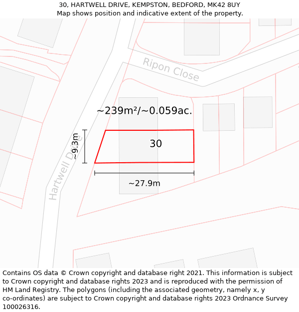 30, HARTWELL DRIVE, KEMPSTON, BEDFORD, MK42 8UY: Plot and title map