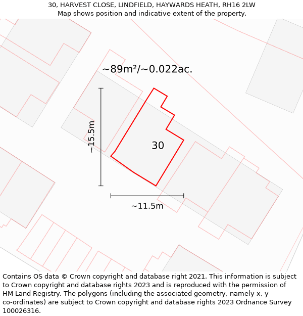 30, HARVEST CLOSE, LINDFIELD, HAYWARDS HEATH, RH16 2LW: Plot and title map