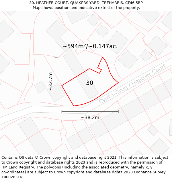 30, HEATHER COURT, QUAKERS YARD, TREHARRIS, CF46 5RP: Plot and title map