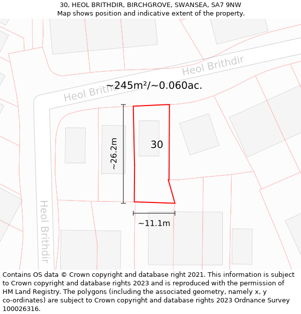 30, HEOL BRITHDIR, BIRCHGROVE, SWANSEA, SA7 9NW: Plot and title map