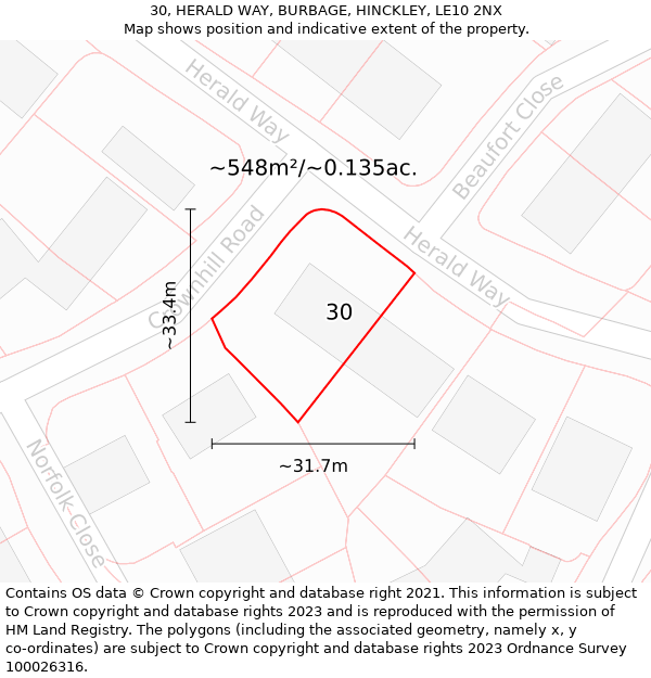 30, HERALD WAY, BURBAGE, HINCKLEY, LE10 2NX: Plot and title map