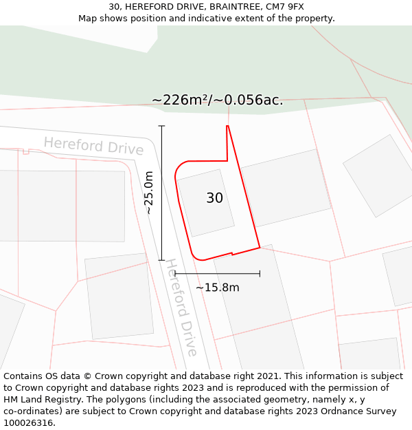30, HEREFORD DRIVE, BRAINTREE, CM7 9FX: Plot and title map