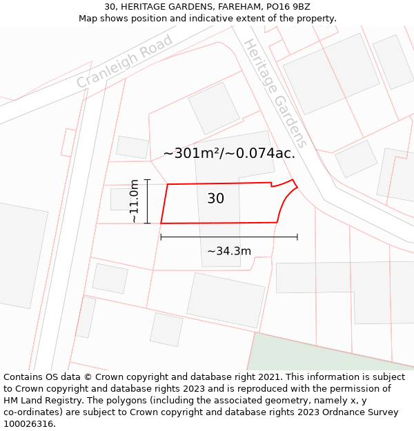 30, HERITAGE GARDENS, FAREHAM, PO16 9BZ: Plot and title map