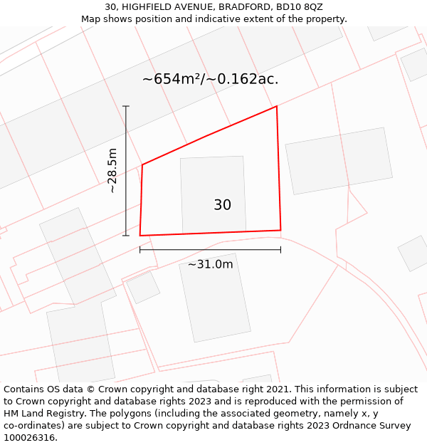 30, HIGHFIELD AVENUE, BRADFORD, BD10 8QZ: Plot and title map