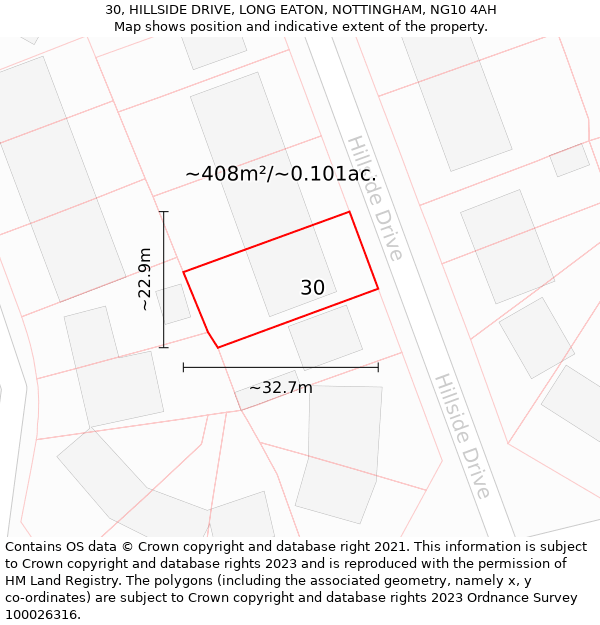 30, HILLSIDE DRIVE, LONG EATON, NOTTINGHAM, NG10 4AH: Plot and title map