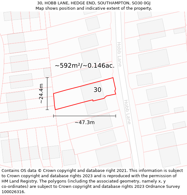 30, HOBB LANE, HEDGE END, SOUTHAMPTON, SO30 0GJ: Plot and title map