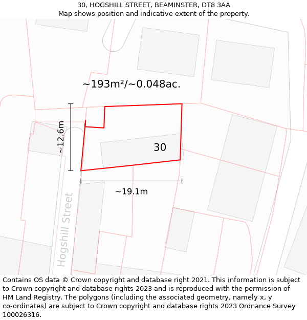 30, HOGSHILL STREET, BEAMINSTER, DT8 3AA: Plot and title map