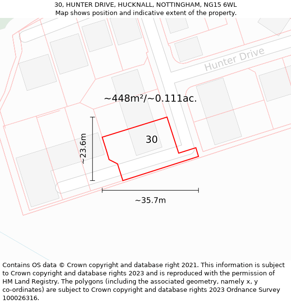 30, HUNTER DRIVE, HUCKNALL, NOTTINGHAM, NG15 6WL: Plot and title map