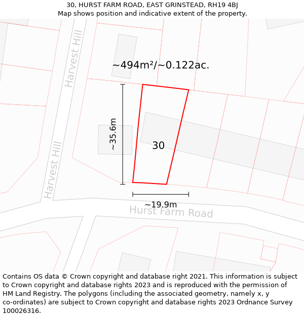 30, HURST FARM ROAD, EAST GRINSTEAD, RH19 4BJ: Plot and title map