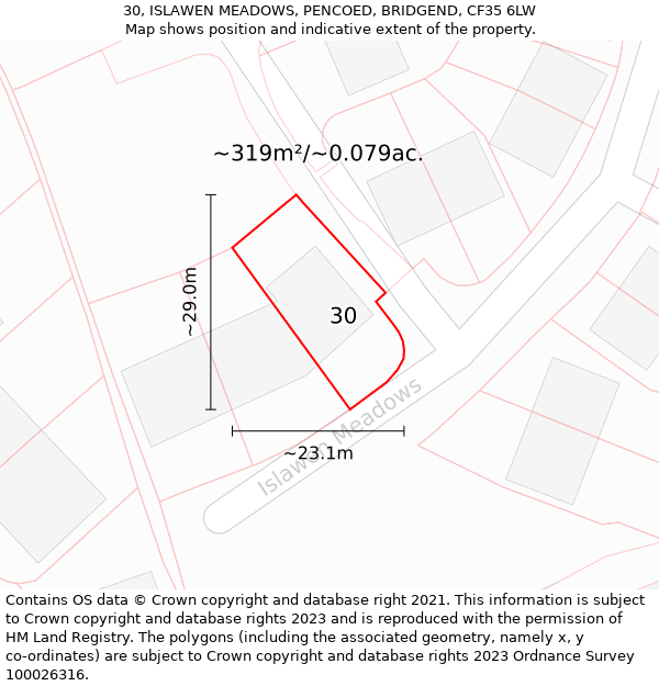 30, ISLAWEN MEADOWS, PENCOED, BRIDGEND, CF35 6LW: Plot and title map