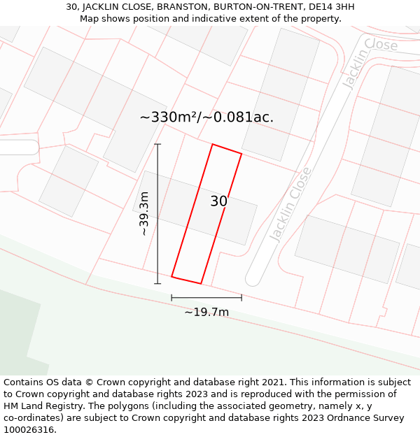 30, JACKLIN CLOSE, BRANSTON, BURTON-ON-TRENT, DE14 3HH: Plot and title map