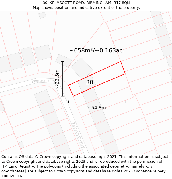 30, KELMSCOTT ROAD, BIRMINGHAM, B17 8QN: Plot and title map