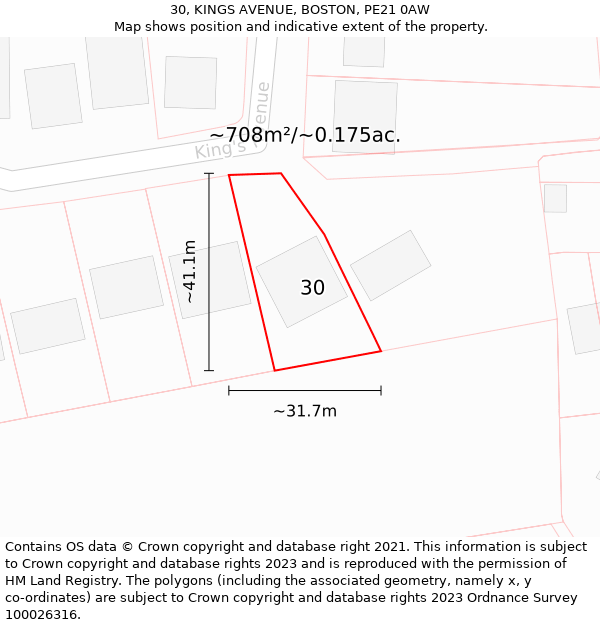 30, KINGS AVENUE, BOSTON, PE21 0AW: Plot and title map