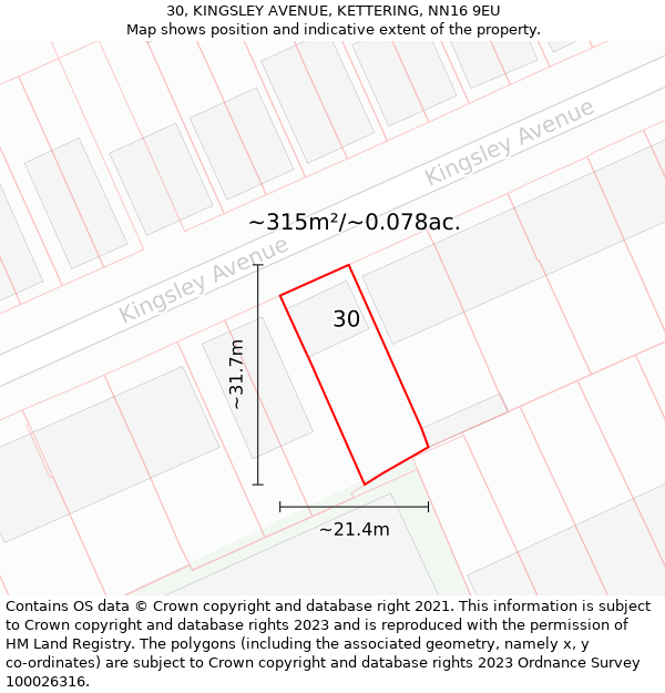 30, KINGSLEY AVENUE, KETTERING, NN16 9EU: Plot and title map