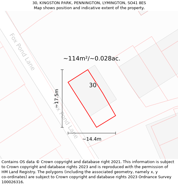 30, KINGSTON PARK, PENNINGTON, LYMINGTON, SO41 8ES: Plot and title map