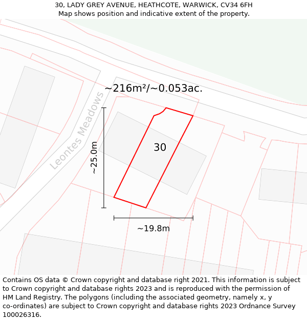 30, LADY GREY AVENUE, HEATHCOTE, WARWICK, CV34 6FH: Plot and title map