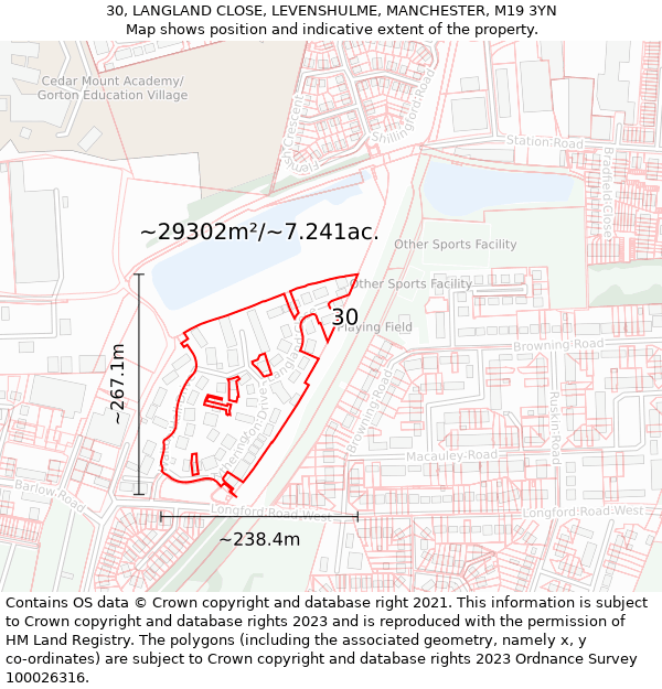 30, LANGLAND CLOSE, LEVENSHULME, MANCHESTER, M19 3YN: Plot and title map