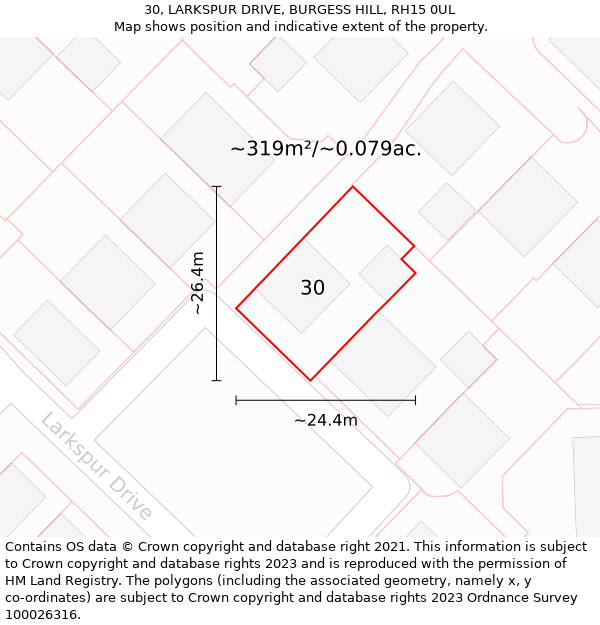 30, LARKSPUR DRIVE, BURGESS HILL, RH15 0UL: Plot and title map