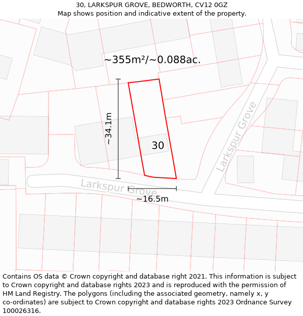 30, LARKSPUR GROVE, BEDWORTH, CV12 0GZ: Plot and title map