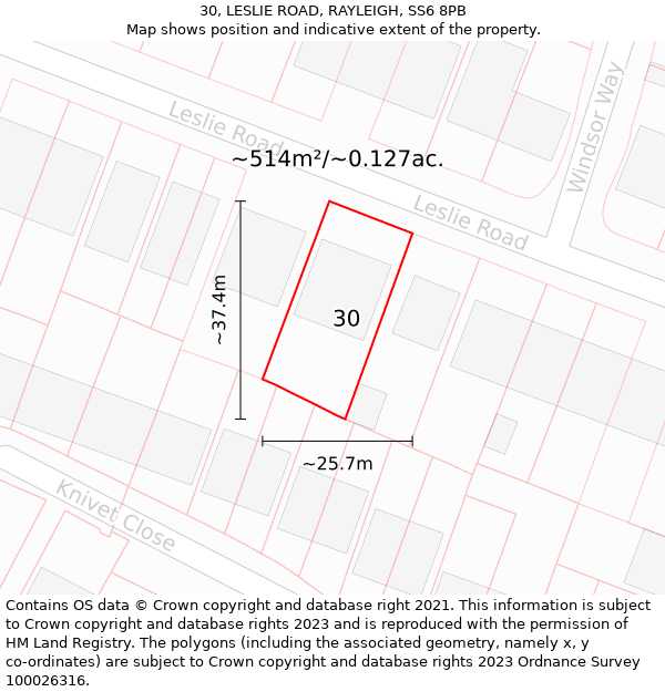 30, LESLIE ROAD, RAYLEIGH, SS6 8PB: Plot and title map