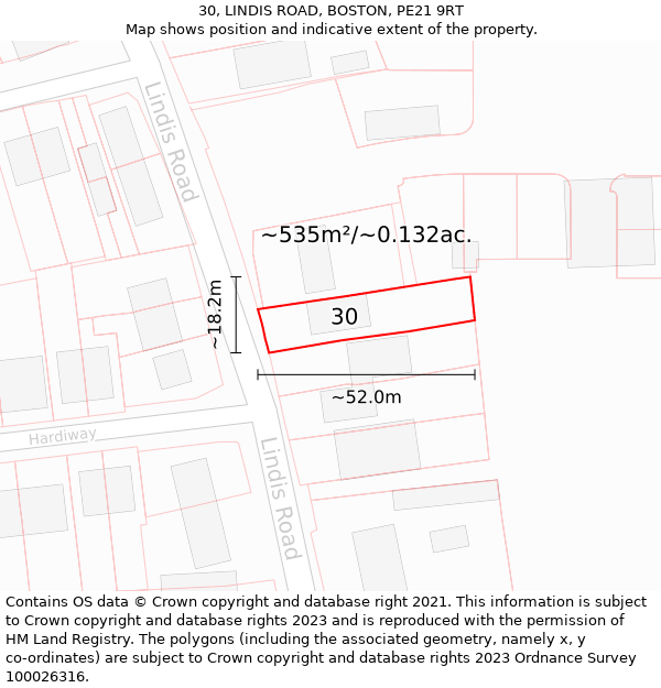 30, LINDIS ROAD, BOSTON, PE21 9RT: Plot and title map