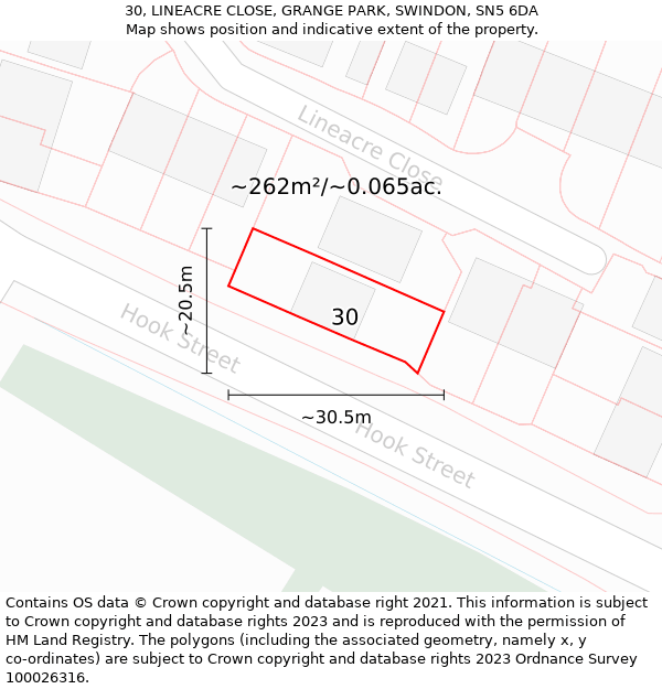 30, LINEACRE CLOSE, GRANGE PARK, SWINDON, SN5 6DA: Plot and title map