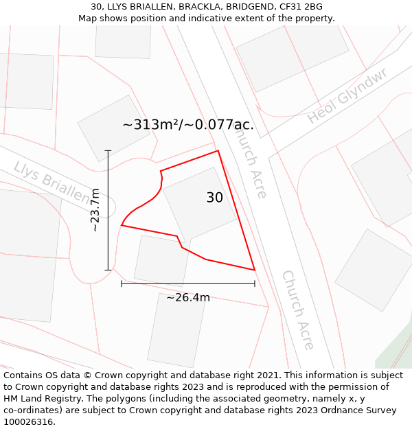 30, LLYS BRIALLEN, BRACKLA, BRIDGEND, CF31 2BG: Plot and title map