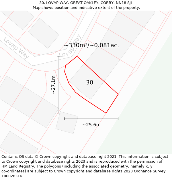 30, LOVAP WAY, GREAT OAKLEY, CORBY, NN18 8JL: Plot and title map