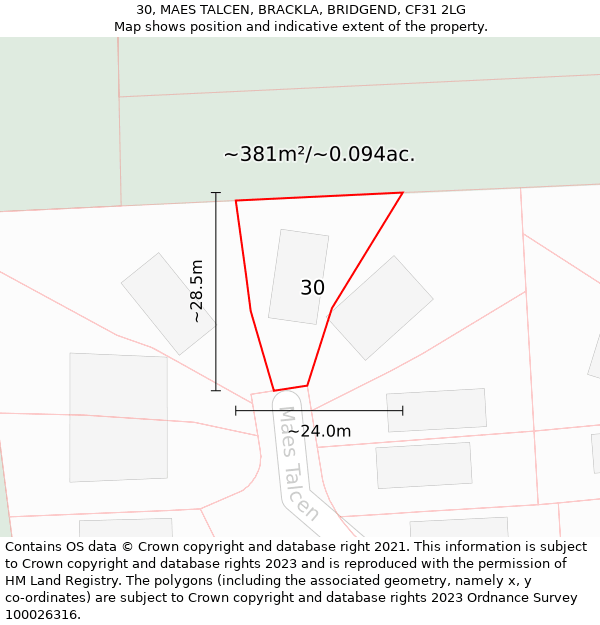 30, MAES TALCEN, BRACKLA, BRIDGEND, CF31 2LG: Plot and title map