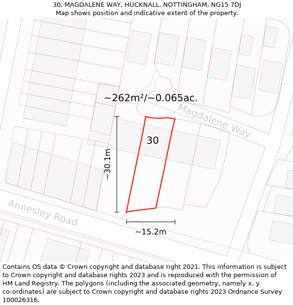 30, MAGDALENE WAY, HUCKNALL, NOTTINGHAM, NG15 7DJ: Plot and title map